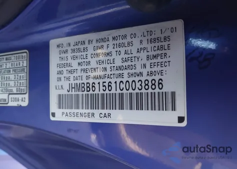 2001 Honda Prelude Type Sh from USA, damaged, VIN JHMBB61561C003886